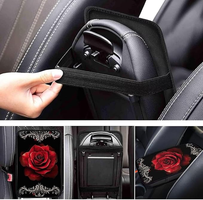 Red Rose Universal Center Console Armrest Soft Pad Protector Cover Armrest Box Protector Non Slip for Pet Dogs Car Interior Decor
