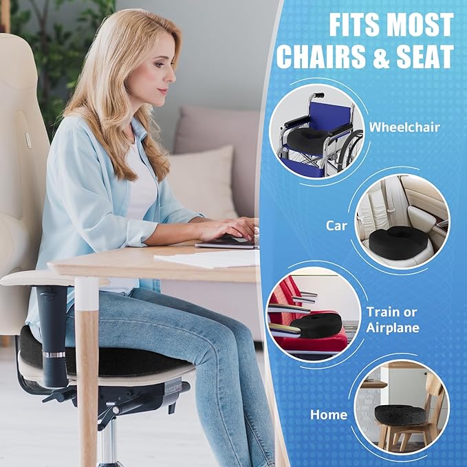 BlissTrends Donut Pillow Seat Cushion, Donut Chair Cushions for Postpartum Pregnancy&Hemorrhoids, Tailbone Pain Relief Cushion, Memory Foam Lifting Cushions for Office & Home Chairs (Black, XX-Large)