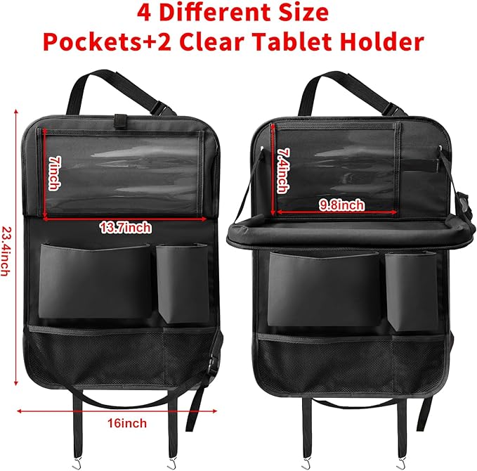 Car Backseat Organizer with Tablet Holder, 6 Storage Pockets Seat Back Protector with Foldable Tray, Kick Mats Back Seat Cover for Kids Toddlers, Travel Accessories, 1 Pc