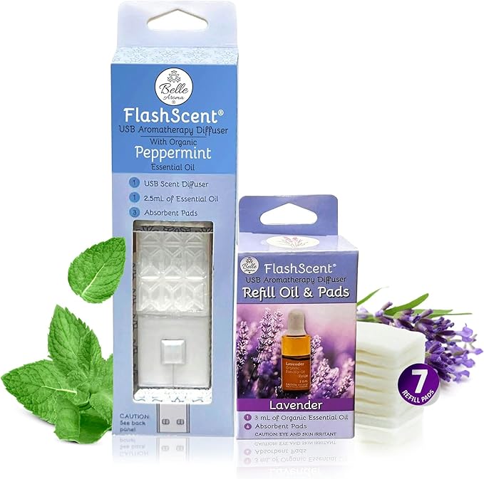 Belle Aroma® FlashScent™ USB Aromatherapy Bundle - for Car, Office, Home, and Travel - Includes 1 Pearl White Peppermint Oil Diffuser Kit, 1 Lavender FlashScent Essential Oil, and 7 Refill Pads