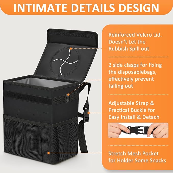 4.2 Gallons Car Trash Can with Lid, Bag Bin Hanging Waterproof Automotive Car Garbage Cans Leak Proof Vehicle Trash Can for Truck SUV,Black