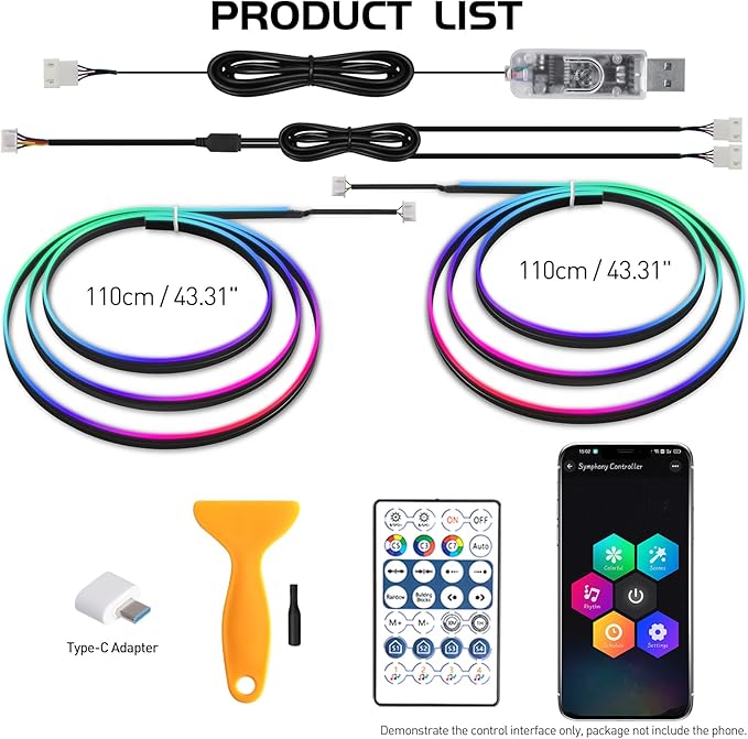 Dreamcolor Interior Acrylic Car Light Strip, 2 in 1 Car LED Strip Light with APP Control 43.3 Inches Fiber Optic Ambient Lighting Kits, Multi-Modes Sound Sync Neon Lights