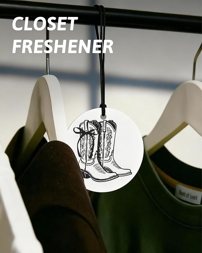 Western Round Car Air Freshener 4 Pcs, Preppy Cow Skull Cactus Cowgirls Boots Hanging Air Freshener for Cars Closet Drawer Books, Black and White Western Car Accessories Mirror Decor for Women