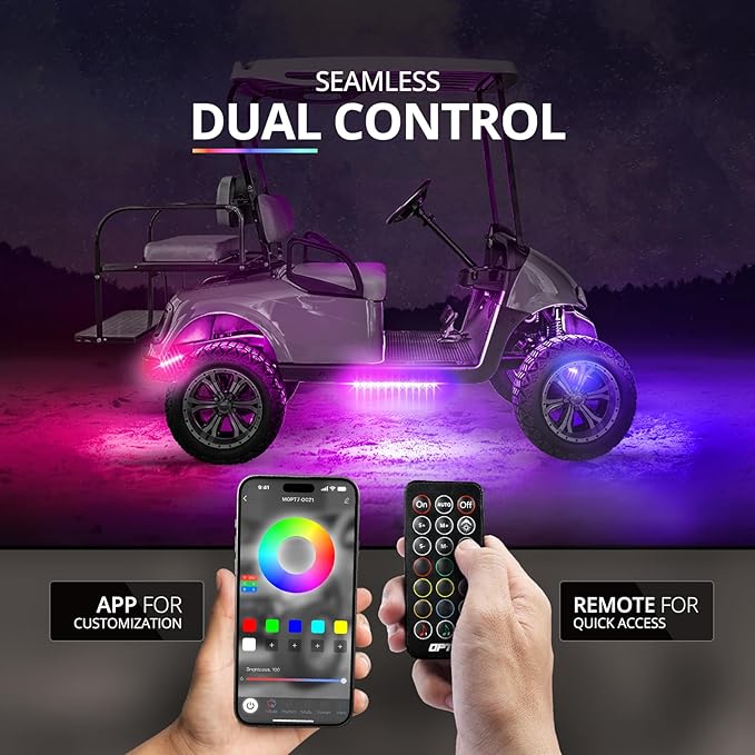 OPT7 12V Aura DreamColor Golf Cart Underglow LED Light Kit with App & Remote, 4PC Waterproof Multicolor Light Strips, Music Neon Accent Chasing Lighting for EZGO Yamaha Club Car, Outdoor Gifts