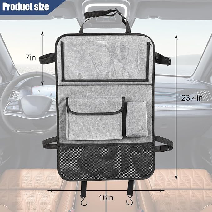 Car Backseat Organizer with Foldable Table Tray, 6 Storage Pocket Vehicle Seat Back Protector Kick Mat with Touch Screen Phone Holder, Auto Seat Organizer for Travel, Universal Fit (Grey)