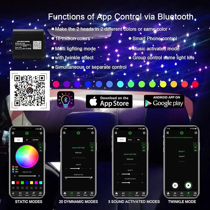 AKEPO 20W Dual-Head Dual-Color Fiber Optic Light Source, Twinkle+APP Control + Same or Different Color + Music Activated+28-Key Remote for Car Headliner Star Home Star Ceiling Kit