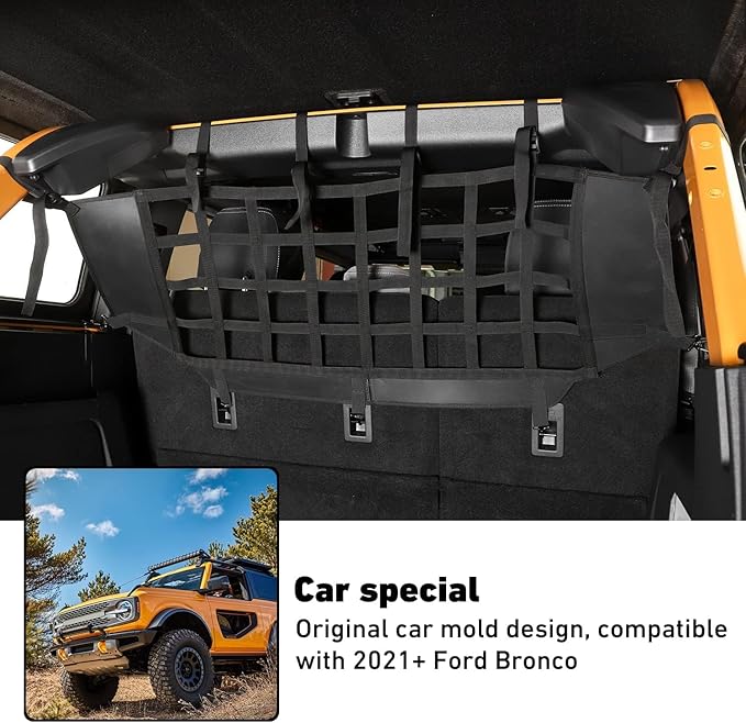 Linskip Cargo Pet Barrier Mesh Compatible with 2021 2022 2023 2024 Ford Bronco Accessories, Pet Mesh Divider Backseat for Bronco 4 Door Trunk Interior Accessories, Black