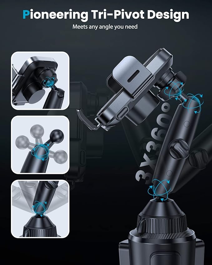 APPS2Car Dual Coil Wireless Car Charger Auto Clamping 15W Cup Holder Phone Wireless Charger Mount Fast Charge Tri-Pivots Height Adjustable Phone Holder Car Truck for iPhone 12-17, Samsung, LG, etc.