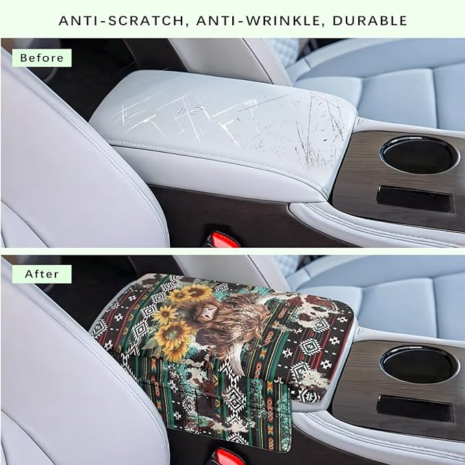 Wanyint Aztec Highland Cow Sunflower Car Center Console Cover Soft Armrest Cover Protector Wear-Resistant Non-Slip Middle Console Pad Protective Cover for Car Storage Box Universal Fit