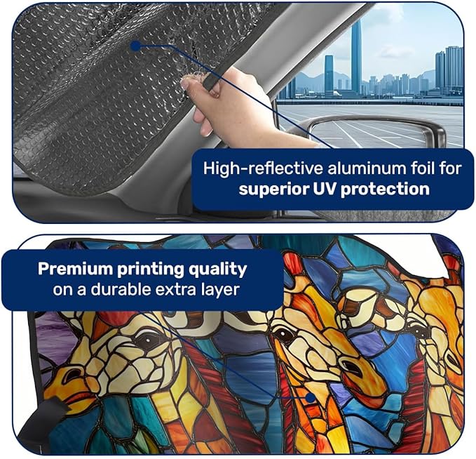 GENANY Giraffe Stained Glass Windshield Sun Shade for Car SUV Truck (55x30 Inches), Sun Shade Windshield, Shades for Windows, Auto Gift, Spring Car Decor