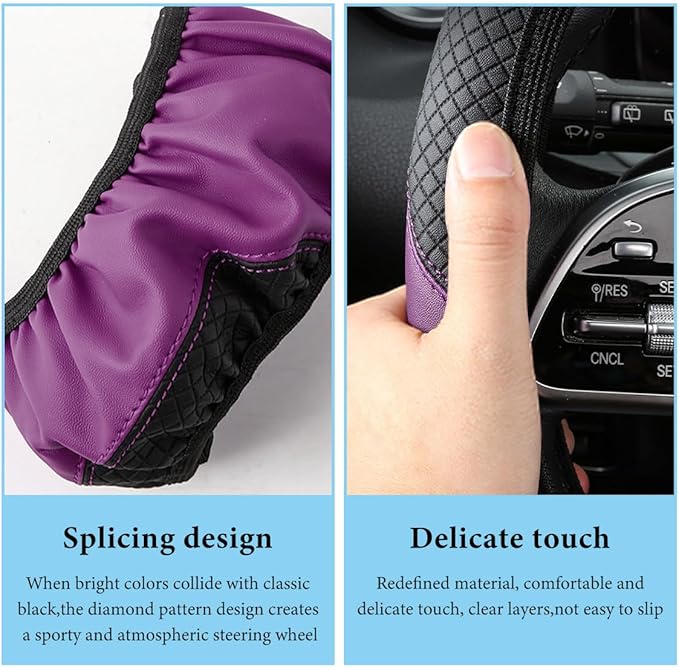 Car Steering Wheel Cover, 15 Inch Anti-Slip Stretch Leather Steering Wheel Protector, Comfortable Breathable Sporty Steering Wheel Cover for Women Men, Car Accessories (Black & Purple, AD)