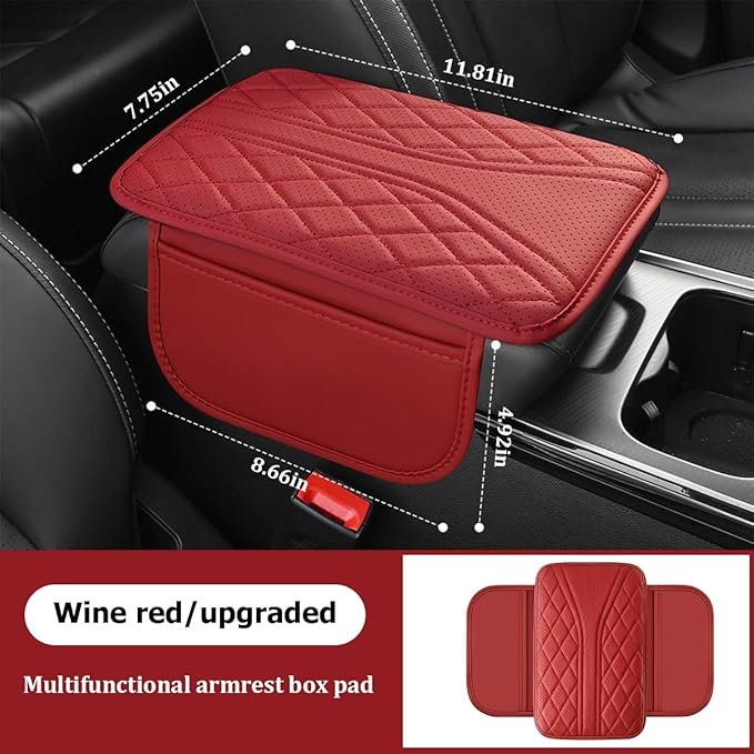 Car Center Console Cover, Leather Vehicle Armrest Box Pad with 2 Storage Bags, Automotive Interior Arm Rest Cushion Protector Accessories, Universal for SUV Sedan Truck (Wine Red)