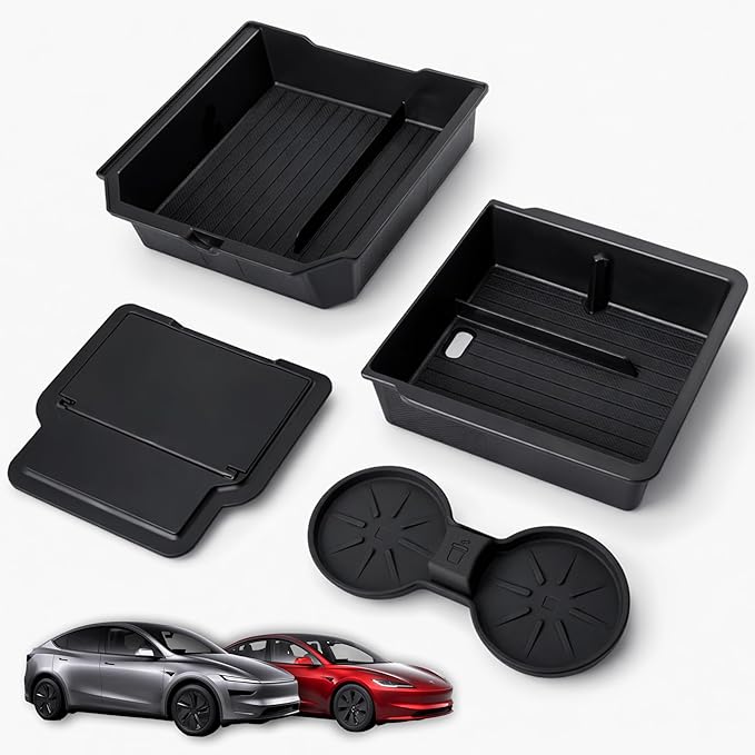 Center Console Organizer Set for Tesla Model Y Juniper (Premium & Performance 2025/26) and Model 3 Highland (All Trims 2024/25/26) – 4PCS Tesla Interior Accessories – Black