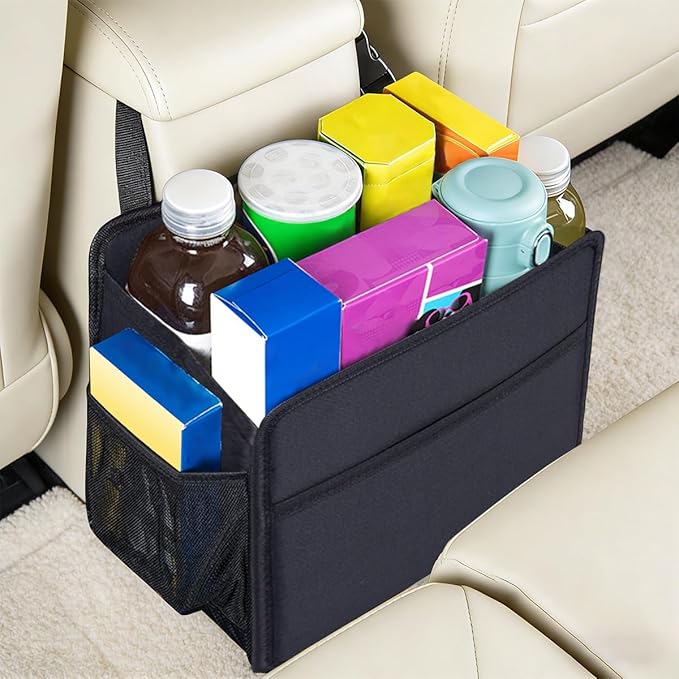 Car Seat Back Organizer, Foldable Vehicle Backseat Storage Hanging Bag with Mesh Pocket, Multipurpose Auto Headrest Storage Pouch Organizer Accessory, Universal Fit (Litchi Pattern Black)