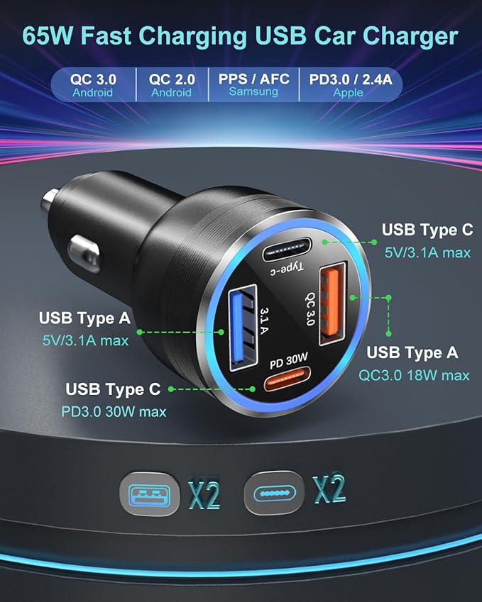 65W USB C Car Charger with Retractable Coiled USB C Cords, OKRAY 4-Port Car Charger PD30W&QC3.0 Fast Charging 12v Cigarette Lighter Adapter for iPhone 17 Air 16e 15 16 Pro, Samsung Galaxy S25 S24 A16