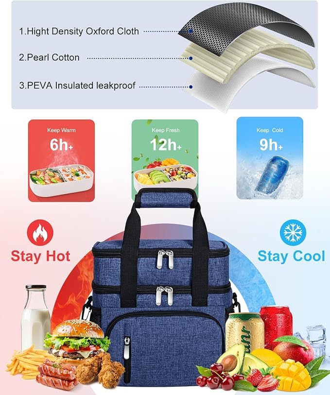 Insulated Lunch Bag for Men & Women, Double Leakproof Lunch Box Soft Cooler Tote with 5 Pockets, 600D Oxford, EVA Lining, Adjustable Strap for Work, Picnic, Beach&Travel-Navy Blue