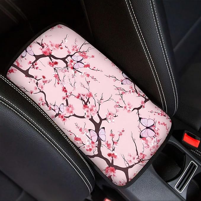 Pink Cherry Blossom Thin Car Armrest Pads Auto Armrest Box Cover Comfortable Middle Storage Organizer Pad Universal Style Car Accessories Decor