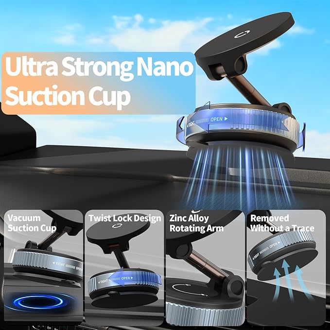 Wireless Car Charger - 15W Fast Wireless Charging Car Mount, 360° Adjustable Vacuum Magnetic Suction Phone Holders for Car, Magnetic Phone Holder for iPhone 17 16 15 14 13 12