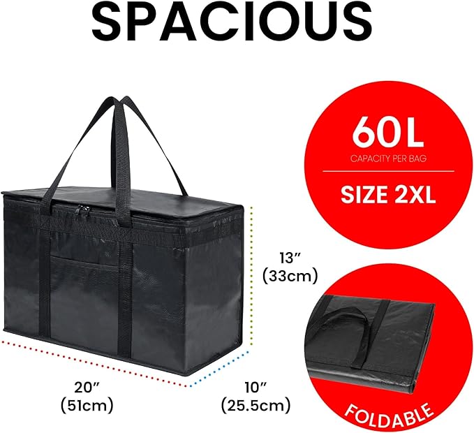 NZ home Insulated Bags for Food Delivery (2XL PRO) Grocery Shopping Cooler Bag, Pizza Delivery, Hot & Cold Catering Tote, Reusable, Foldable & Heavy Duty (2 Pack, Black)