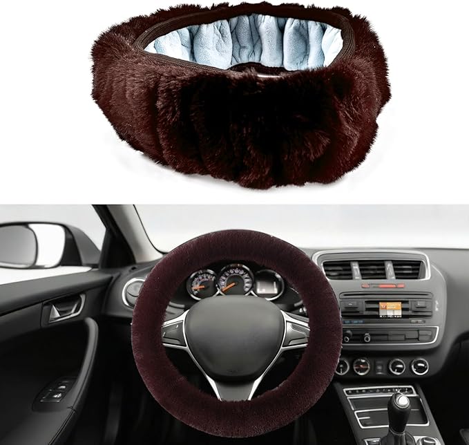 Fluffy Steering Wheel Cover, Winter Warm, Suitable for Most Car Steering Wheels in The 14-15 Inch Range (Coffee, 1PCS)