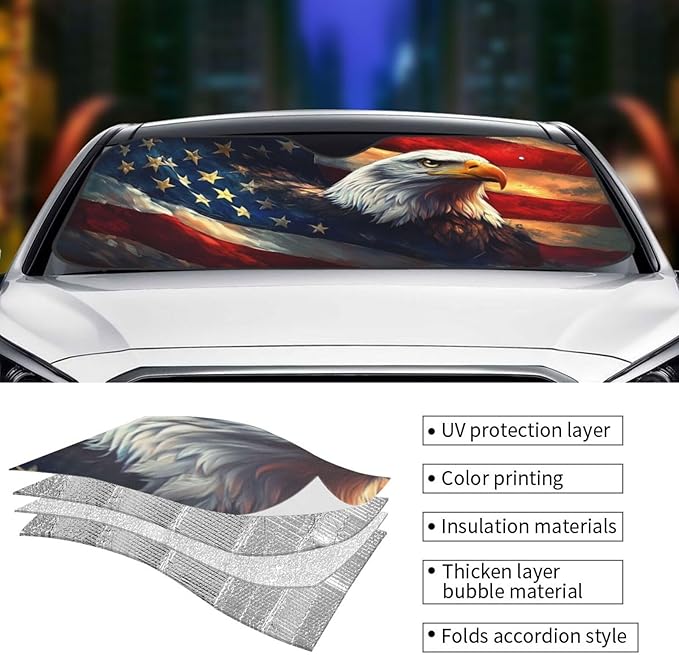American Flag Car Sun Shade Windshield Sunshade Foldable Front Window Shield Cover for Truck SUV