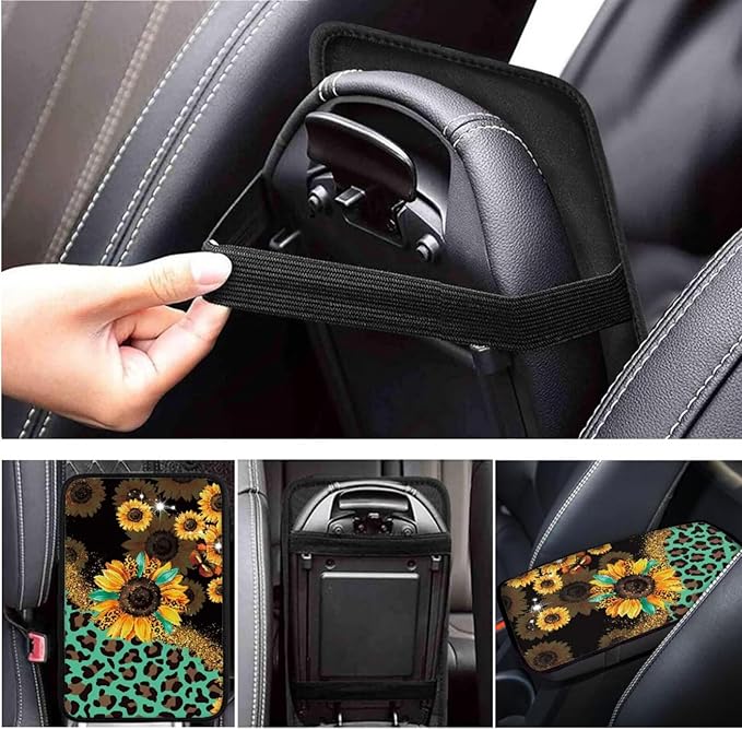 Sunflower Car Accessories 6pcs Set Leopard Hippie Steering Wheel Cover Handbrake Gear Cover Cup Coasters Set for Truck SUV