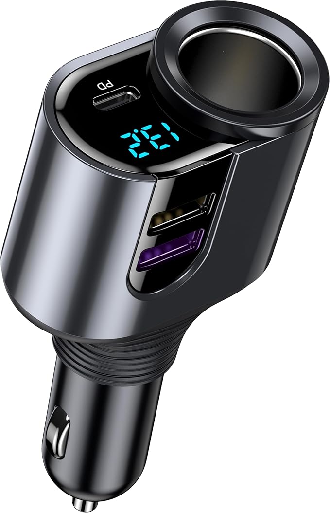 LIHAN USB C Car Charger, 12V/24V Cigarette Lighter Socket Splitter with 3 USB Ports, PD 30W Fast Charging, Compatible with iPhone, Galaxy, iPad, GPS, and More