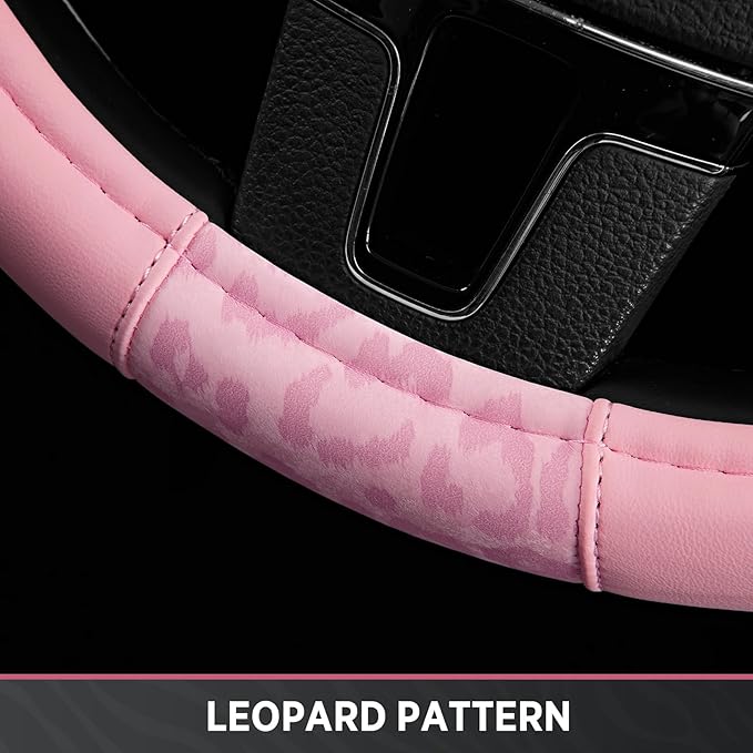 Road Comforts Steering Wheel Cover - Made with PVC Leather and Leopard Fabric - Universal 14 1/2 inches to 15 inches for Most Automotive Steering Wheel - Cheetah Print - All Pink