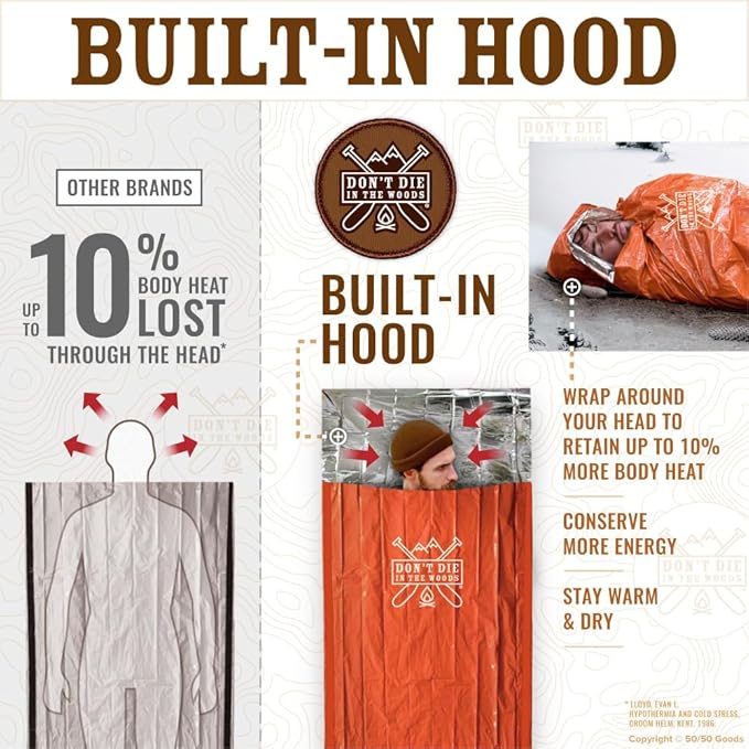 Don’t Die in The Woods - Emergency Sleeping Bag with Hood - Made with Extra Thick Thermal Mylar - 10 Essentials Hiking Camping Blanket, Survival Gear Tactical Car Disaster Bug Out First Aid Kits
