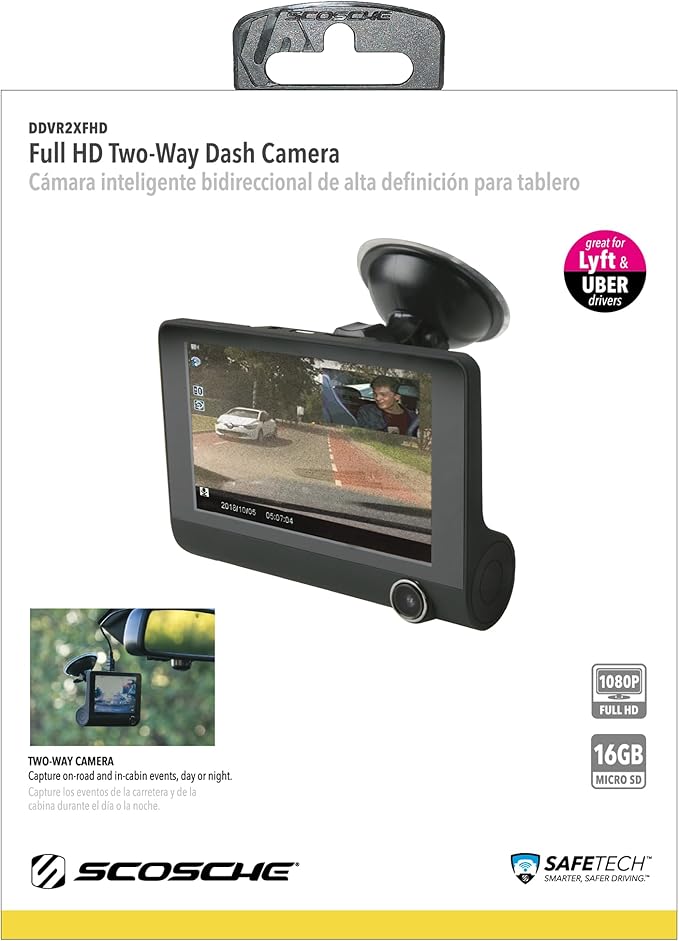 Scosche DDVR2XFHD-SP1 1080P Full HD Dash Camera for Cars - Dash Cam with Front and Rear Cameras and 4" Screen- Car Dashcam DVR - Enhanced Night Vision - 24/7 Parking Mode Car Security Solution