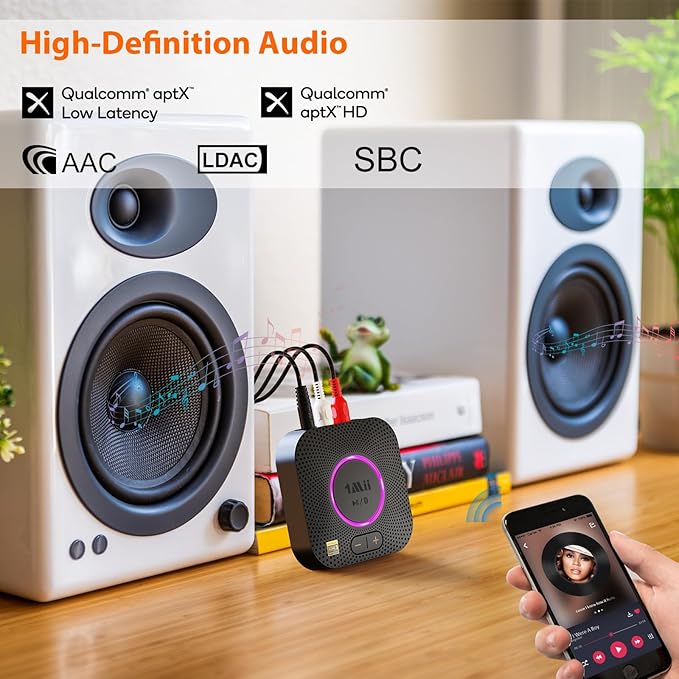 1Mii B06S+ LDAC Bluetooth 5.3 Receiver for Home Stereo Hi-Res Music Streaming, Hi-Fi Wireless Audio Adapter with aptX HD/LL, Long Range, Volume Control, RCA/3.5mm AUX Outputs
