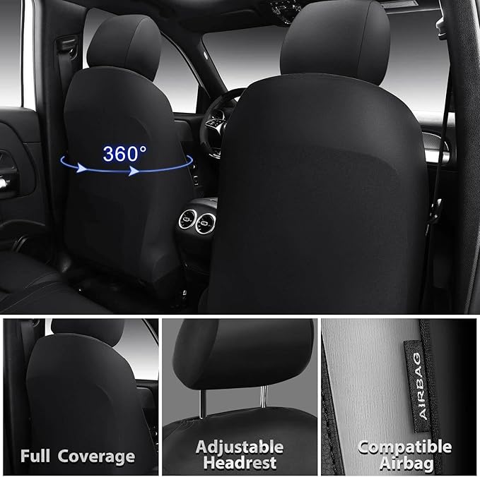 CAR PASS Memory Foam Car Seat Covers Full Set,Breathable Mesh Thick Seat Covers for Car,Gray Metal Film Leather Seat Covers,Universal Automotive Comfort for Most Car,Truck,Airbag Compatible,Black Gray