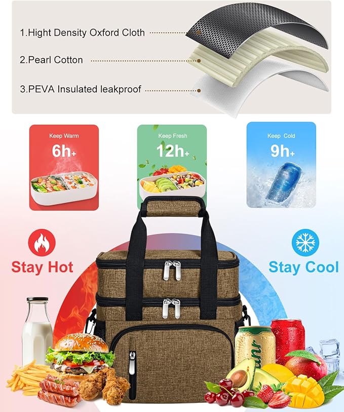 Insulated Lunch Bag for Men & Women, Double Leakproof Lunch Box Soft Cooler Tote with 5 Pockets, 600D Oxford, EVA Lining, Adjustable Strap for Work, Picnic, Beach&Travel-Coffee