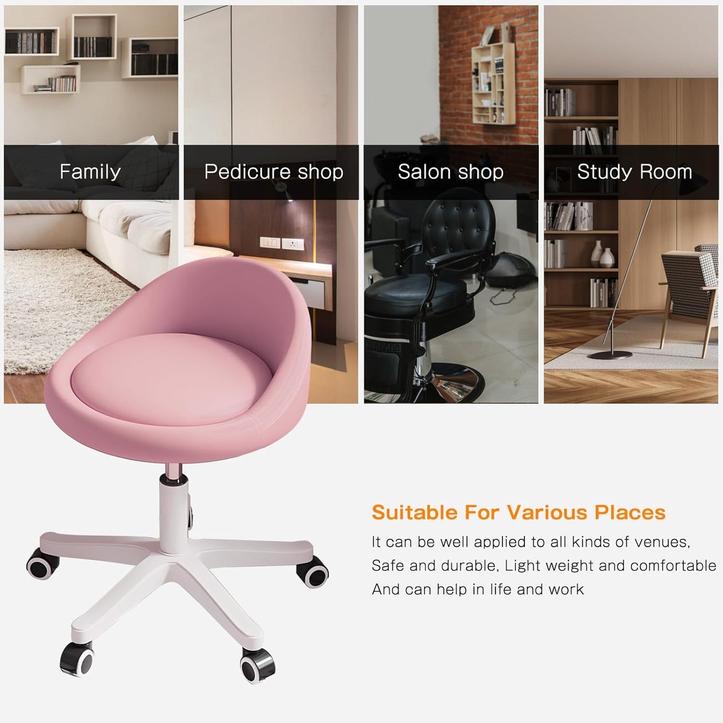 Rolling Stool Rolling Hydraulic Salon Stool with Low Backrest - Adjustable Swivel Chair for SPA, Shop, Salon, Massage, or Medical Office Pink