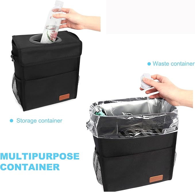 Leak Proof Car Trash Bag Waterproof Garbage Can with Lid for SUV Front Seat Multipurpose Car Hanging for Headrest Collapsible and Portable with Storage Mesh Pocket, Large/ Black