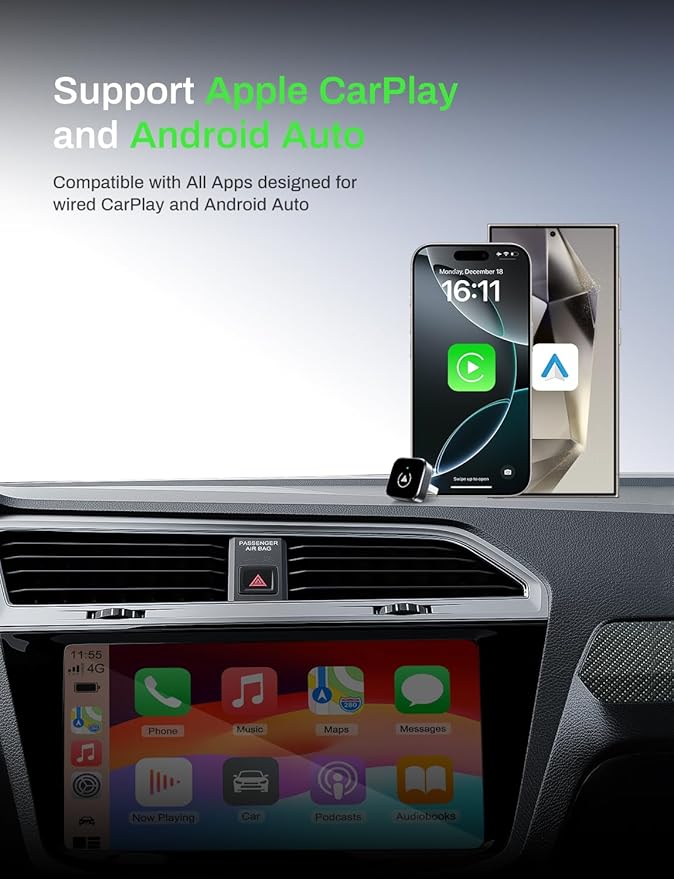 2-in-1 Wireless CarPlay Adapter 2026 Support Apple CarPlay & Android Auto, Mini Bluetooth USB A & USB C Dongle Convert Wired to Wireless Compatible with iPhone & Android