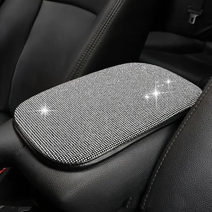 11.9''×8.4'' Bling Car Center Console Cover, Crystal Diamond Arm Rest Cover for Car, Soft Elbow Pillow Automotive Armrest Seat Box Cover, Arm Rest Protective Cushion Pad for Women Men (White)