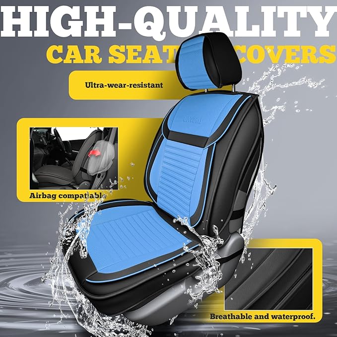 LINGVIDO Full Set Car Seat Covers, Faux Nappa Leather, Airbag Compatible and Waterproof Protectors for Sedans SUVs, Breathable Interior for Active Families, Pets, and Commuters (5 Seats, Black/Blue)