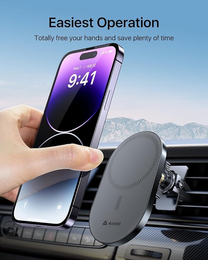 andobil 2026 Upgraded for Magsafe Car Mount [Biggest Panel, Big Phone Friendly] 360° Rotation Magnetic Phone Holder for Car Vent Suitable for iPhone 17/16/15 Pro Max Samsung S25/S24 (Grey)