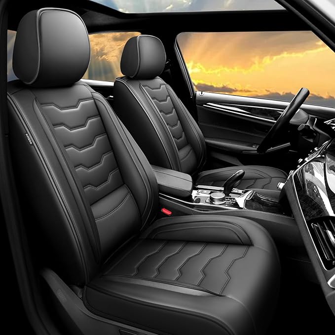Fit Versa Car Seat Covers Compatible with Nissan Versa 2008-2025 2026 - Full Set Premium Leather， Waterproof Breathable， All-Weather Seat Cushion Protecto&Airbag Compatible（Full Set,Black