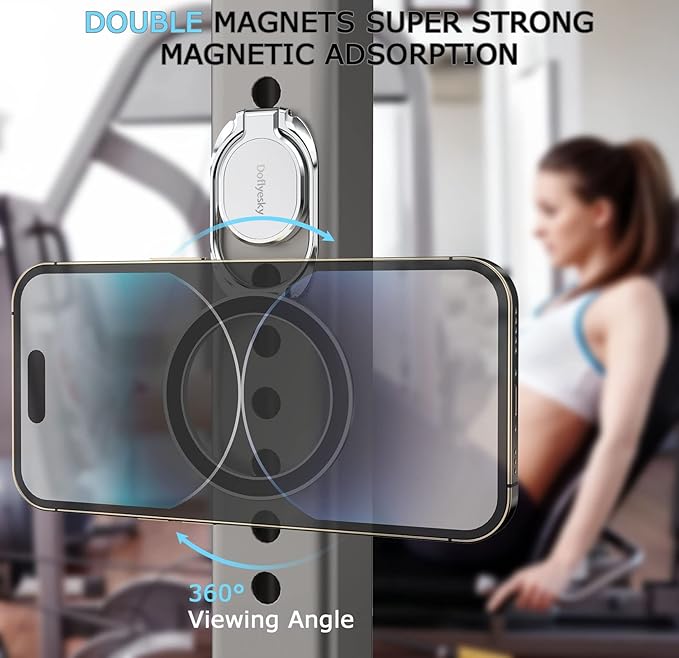 Doflyesky Magnetic Phone Grip Holder Kickstand, Gym Double Adjustable Finger Ring Grip and Stand, Compatible with PopSockets MagSafe Ring Removable for iPhone (Silver)