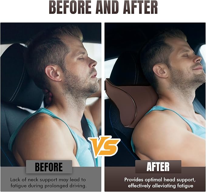 Car Neck Pillow with Memory Foam, Soft Comfortable Headrest Pillow for Driving, Ergonomic Design, Auto Seat Neck Support Pillows Head Rest Cushion with Breathable Leather Cover (Coffee)