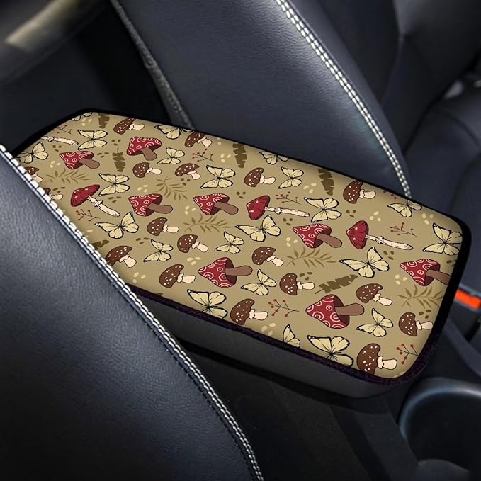 UNICEU Mushroom Butterfly Print Car Center Console Armrest Cushion Cover Neoprene Soft Auto Interior Decor Armrest Box Protector Cover Pad