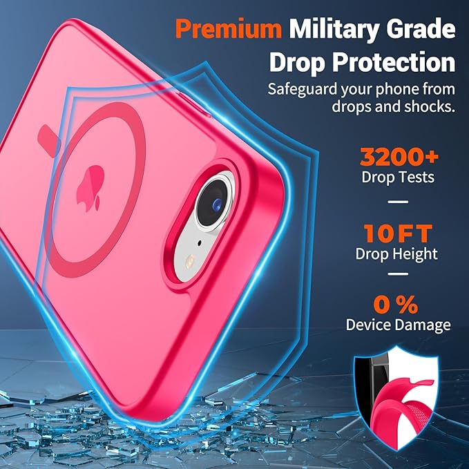 SUPFINE Magnetic for iPhone 17e Case/iPhone 16e Case (Compatible with MagSafe)(Military Grade Drop Protection) Slim Translucent Matte Shockproof with Anti-Fingerprint Phone Case,Hot Pink