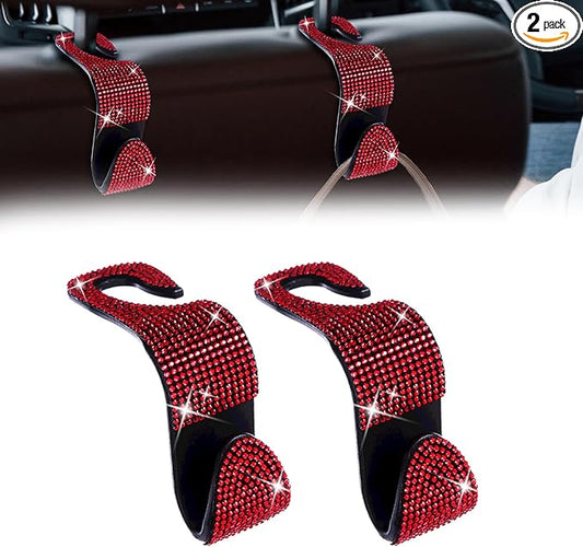 2 Pack Car Seat Headrest Hooks, Bling Car Organizer Hanger Storage Hooks for Bags, Clothes, Coats, Grocery Bags (Red)