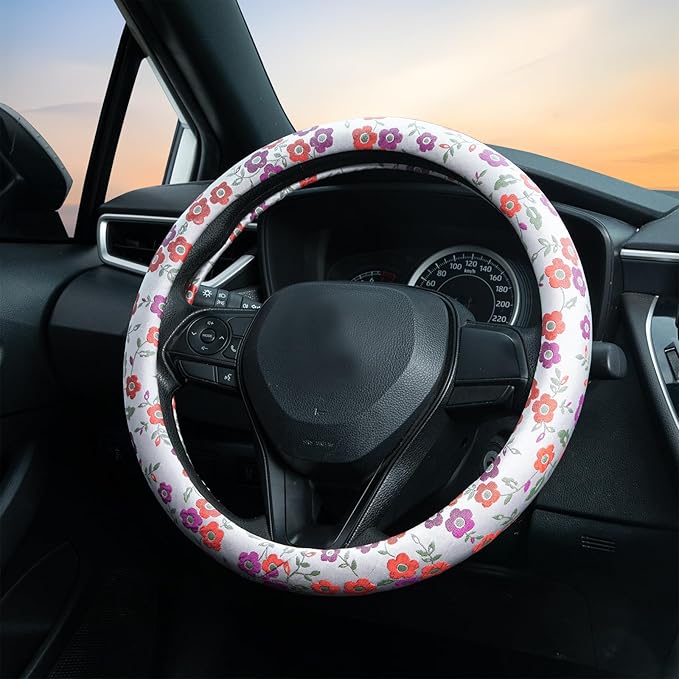 Colorful Flowers Steering Wheel Cover Auto Jacquard Steering Wheel Protector, Anti-Slip, Breathable, Absorbing Sweat, Universal Car Accessories 14.5–15 inch,Fit for Most Car, Trucks, SUV