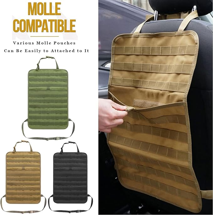 Upgrade Tactical Molle Seat Back Organizer with 5 Detachable Pouches, Universal Car Seat Back Bag Vehicle Organizers Panel Protector for Car Truck Jeep Vehicle (Black)