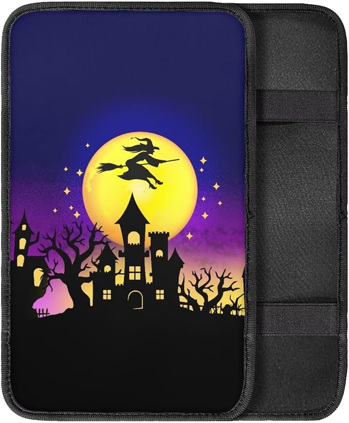 Halloween Moon Witch Car Armrest Pads Car Armrest Cushion Arm Rest Covering Car Middle Console Covers Non Slip Universal Fit for Truck Auto SUV Car Accessories