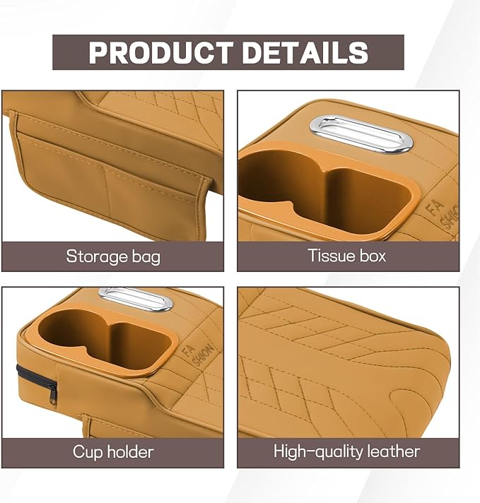 Car Center Console Armrest Pillow, 13.4"×7.5"×2" Leather Auto Arm Rest Cover with Pocket & Tissue Box & Cup Holder, Multifunctional Vehicle Armrest Cushion Pad, Car Accessories (Yellow)