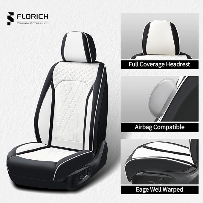 FLORICH Leather Car Seat Cover Full Set Automotive Seat Covers 5 Seats Front and Back Seat Cover Full Coverage Car Seat Protector Universal Fit for Most Car Truck SUV, Black&White